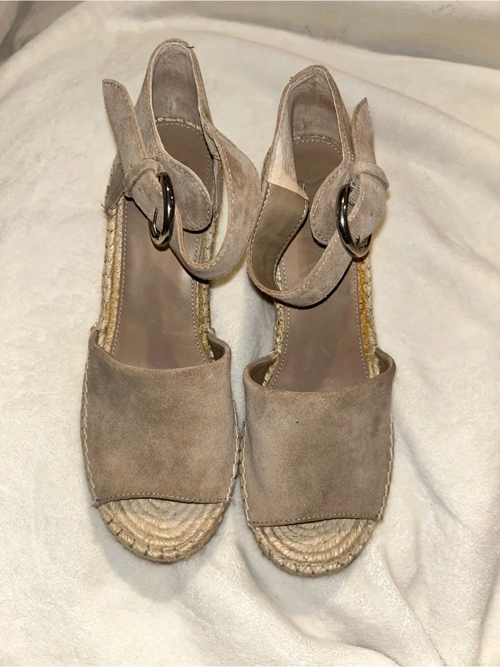 Marc Fisher Taupe Suede Espadrille Wedge Sandals with Ankle Buckle